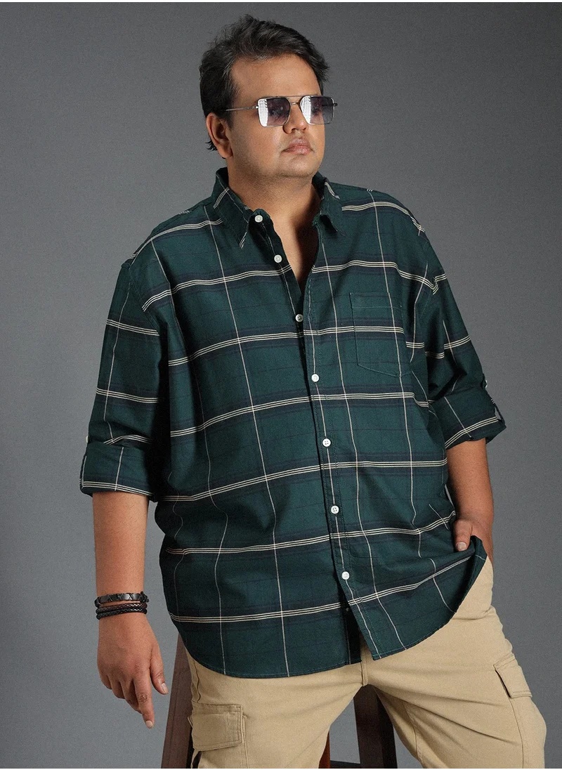 هاي ستار Regular Fit Check Shirt for Men - Green Cotton Woven