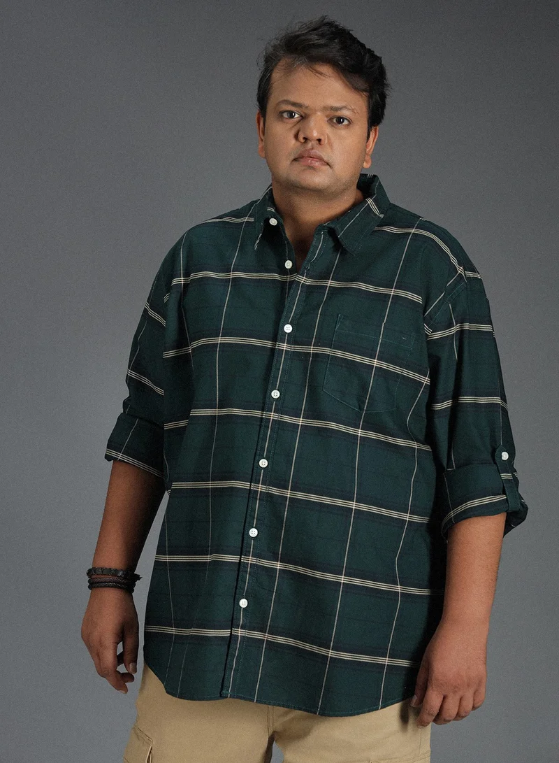 HIGH STAR Regular Fit Check Shirt for Men - Green Cotton Woven