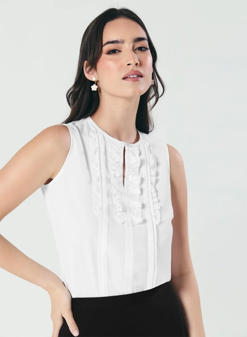 Zigzag Frill And Pintuck Detailed Off-White Top