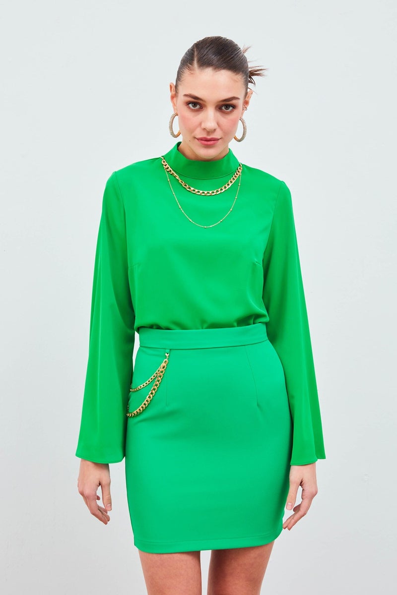 SATEEN Necklace Spanish Sleeve Blouse - Green - Image 1