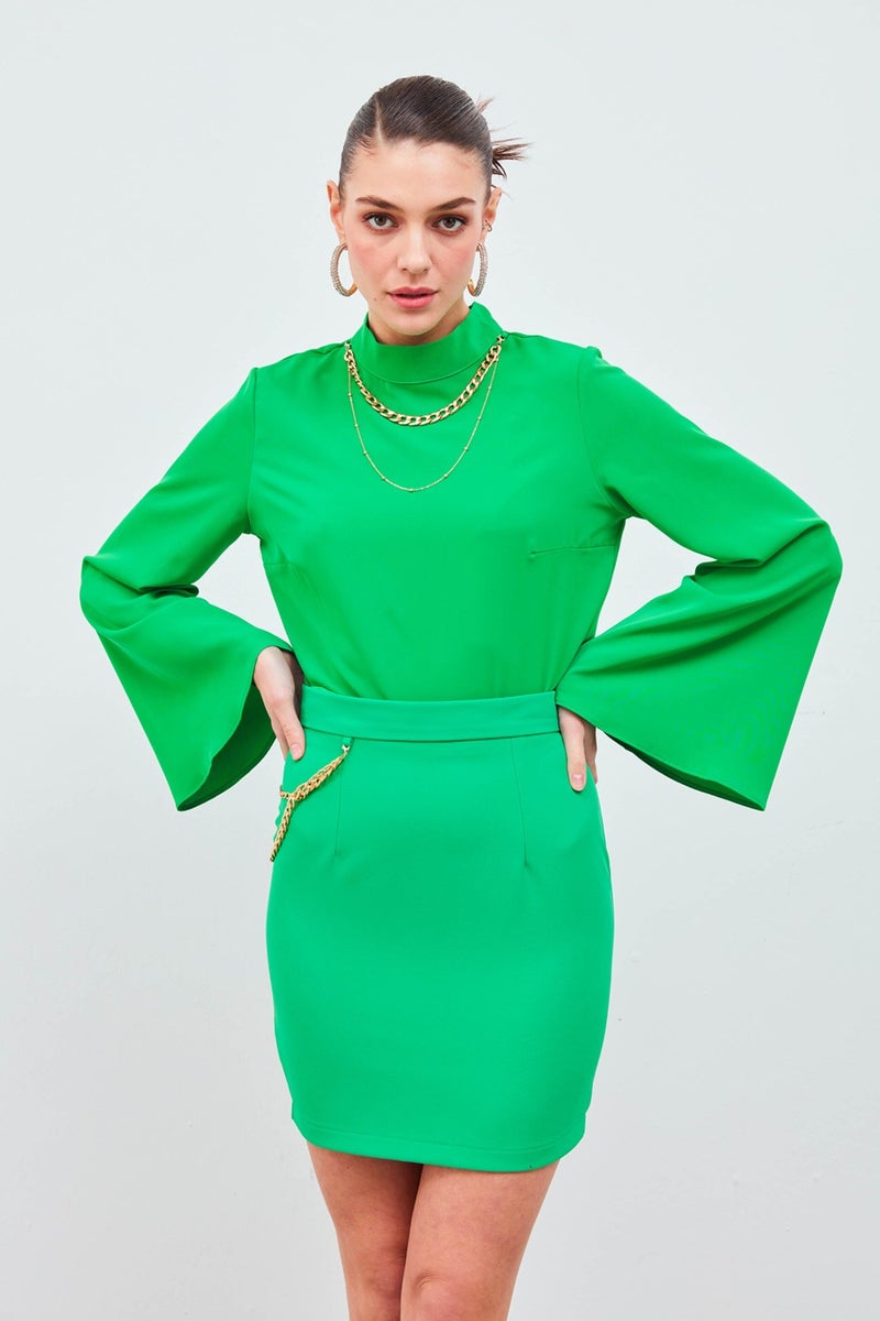 SATEEN Necklace Spanish Sleeve Blouse - Green - Image 3