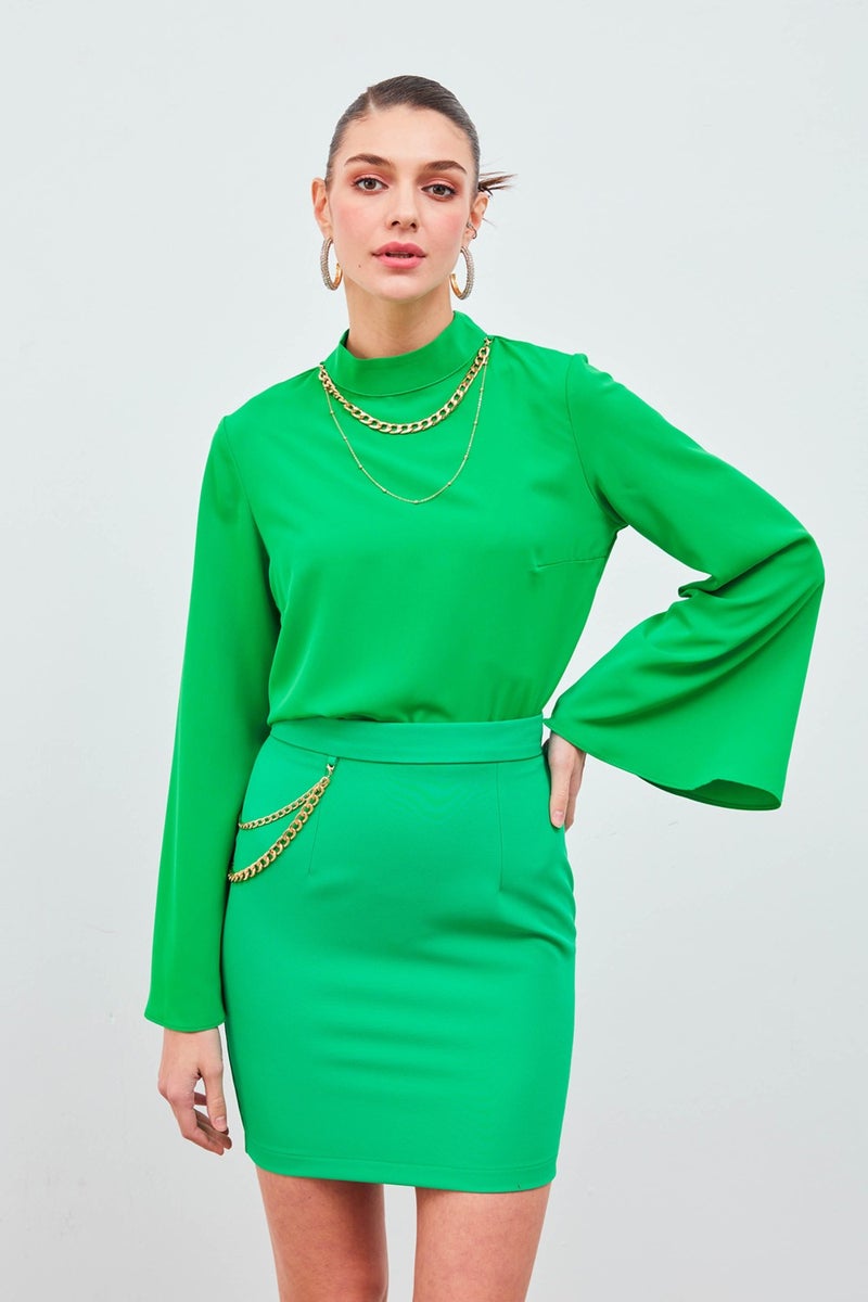 SATEEN Necklace Spanish Sleeve Blouse - Green - Image 4