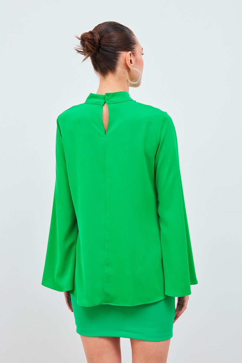 SATEEN Necklace Spanish Sleeve Blouse - Green - Image 5