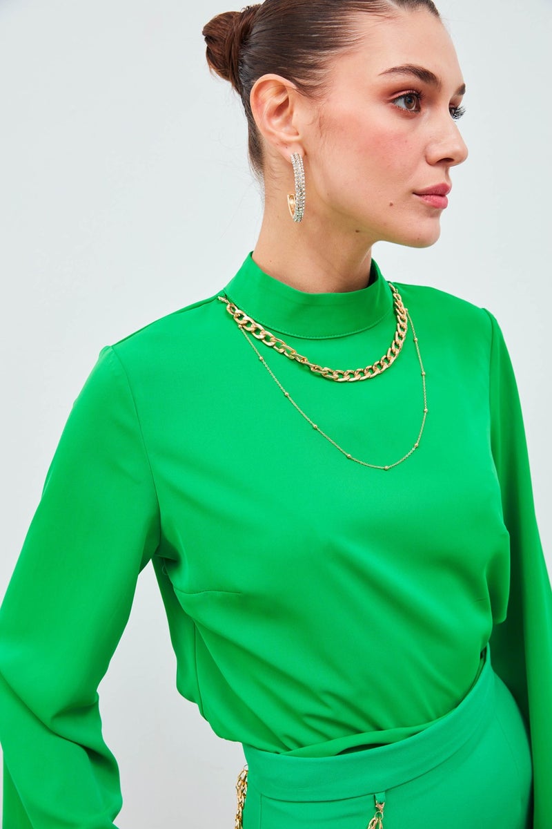 SATEEN Necklace Spanish Sleeve Blouse - Green - Image 2