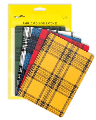 ZEFFFKA Premium Quality Large Plaid Tartan Fabric Ironon Patches Inside Outside Strongest Glue 100 Cotton Repair Decorating Kit Jeans Modern Cool Design 5 Pieces Size 5 by 7 13 cm x 18 cm - Image 1