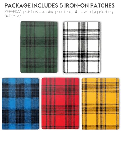 ZEFFFKA Premium Quality Large Plaid Tartan Fabric Ironon Patches Inside Outside Strongest Glue 100 Cotton Repair Decorating Kit Jeans Modern Cool Design 5 Pieces Size 5 by 7 13 cm x 18 cm - Image 3