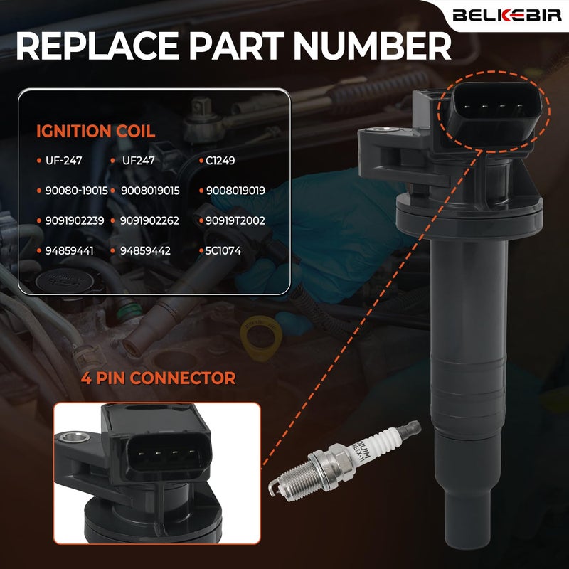 BELKEBIR 4PCS Ignition Coil Pack & Iridium Spark Plugs Compatible with 1.8L L4 1999-2008 Toyota Corolla, 2000-2005 Celica, MR2 Spyder, 2003-2008 Matrix, Pontiac Vibe, 2000-2002 Chevy Prizm Replace UF247 & 4503 - Image 3