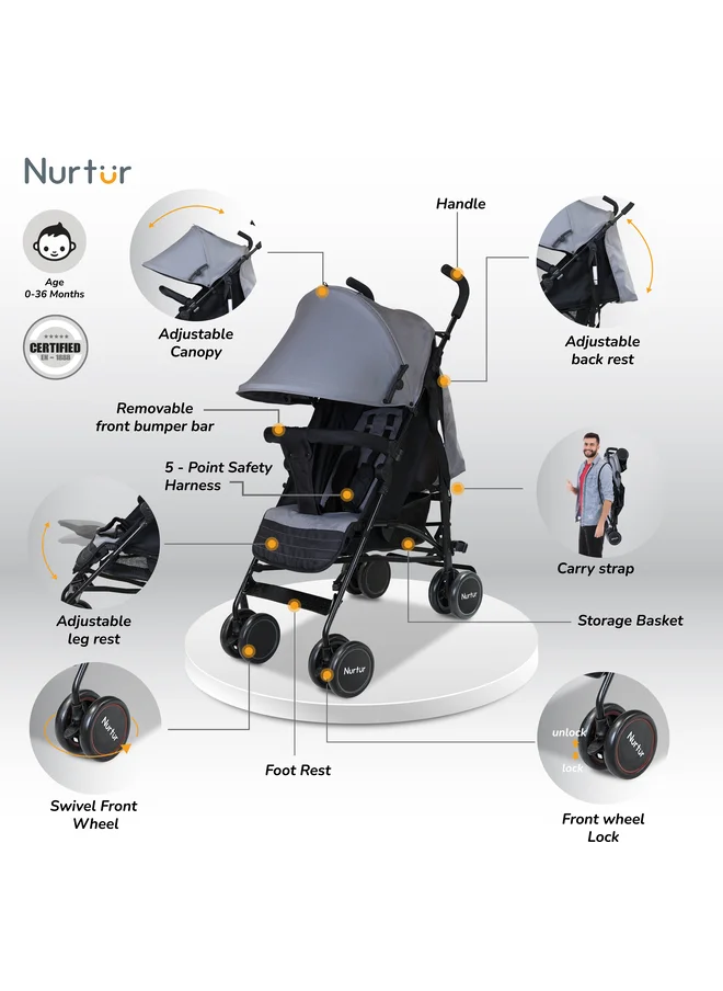 نورتر Archer Lightweight Stroller 0 To 36 Months Storage Basket Detachable Bumper 5 Point Safety Harness Compact Design