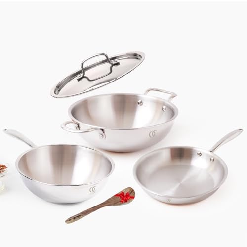 Omichef Primax Triply Stainless Steel Cookware Set of Kadhai, Frypan, Wok & Lid | Induction Compatible | 5 Year Warranty | Stay Cool Handles (Set of 3 PCS, with Lid 22CMS) - Image 2