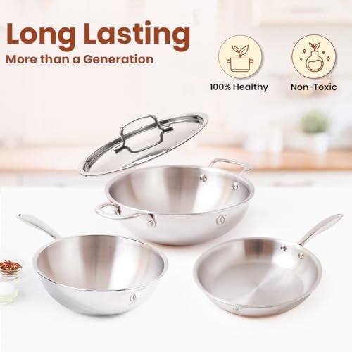 Omichef Primax Triply Stainless Steel Cookware Set of Kadhai, Frypan, Wok & Lid | Induction Compatible | 5 Year Warranty | Stay Cool Handles (Set of 3 PCS, with Lid 22CMS) - Image 4