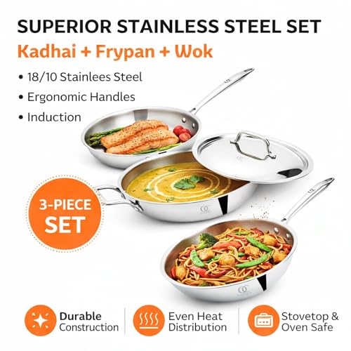 Omichef Primax Triply Stainless Steel Cookware Set of Kadhai, Frypan, Wok & Lid | Induction Compatible | 5 Year Warranty | Stay Cool Handles (Set of 3 PCS, with Lid 22CMS) - Image 3