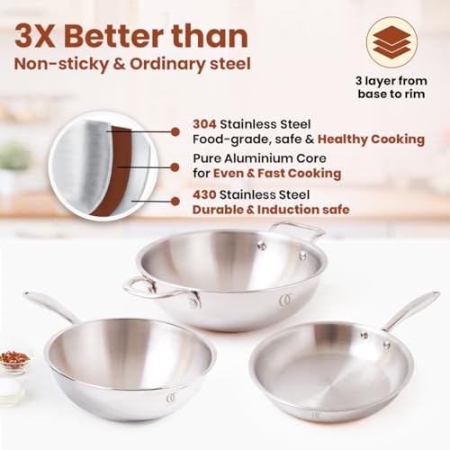 Omichef Primax Triply Stainless Steel Cookware Set of Kadhai, Frypan, Wok & Lid | Induction Compatible | 5 Year Warranty | Stay Cool Handles (Set of 3 PCS, with Lid 22CMS) - Image 5