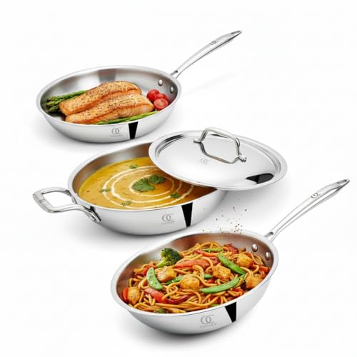 Omichef Primax Triply Stainless Steel Cookware Set of Kadhai, Frypan, Wok & Lid | Induction Compatible | 5 Year Warranty | Stay Cool Handles (Set of 3 PCS, with Lid 22CMS) - Image 1