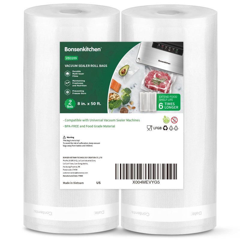 Bonsenkitchen Vacuum Sealer Bags, 8" x 50' Rolls 2 pack for Food Storage Saver, Bpa Free, Heavy Duty, Commercial Grade Textured Food Roll, Customized Size Bag for Sous Vide Cooking,VB3209 - Image 1