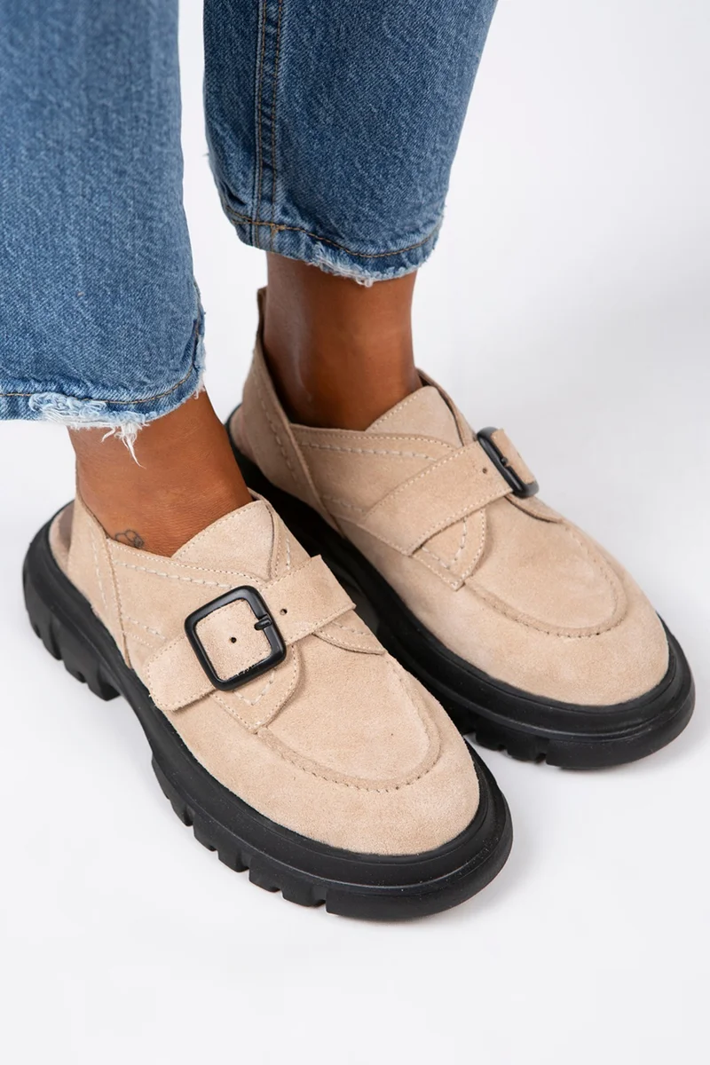 Manijero Manijero Rayne Women's Genuine Leather Buckle Belted Beige Suede Sandals