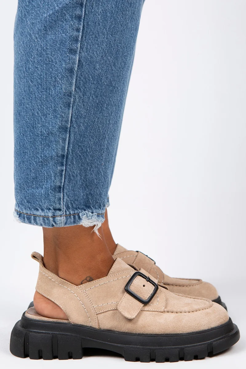 Manijero Manijero Rayne Women's Genuine Leather Buckle Belted Beige Suede Sandals