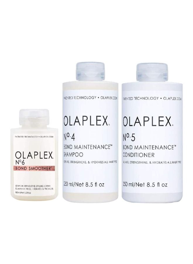 Olaplex 3-Piece No.4 Bond Maintenance Shampoo, No.5 Conditioner And No.6 Smoother Set White 250ml+250ml+100ml - Image 1