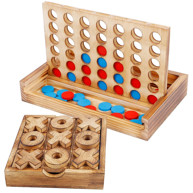 Glintoper Tic Tac Toe & 4 in a Row Table Games Set - Rustic Decor Wood Strategy Board Games for Families - Image 1