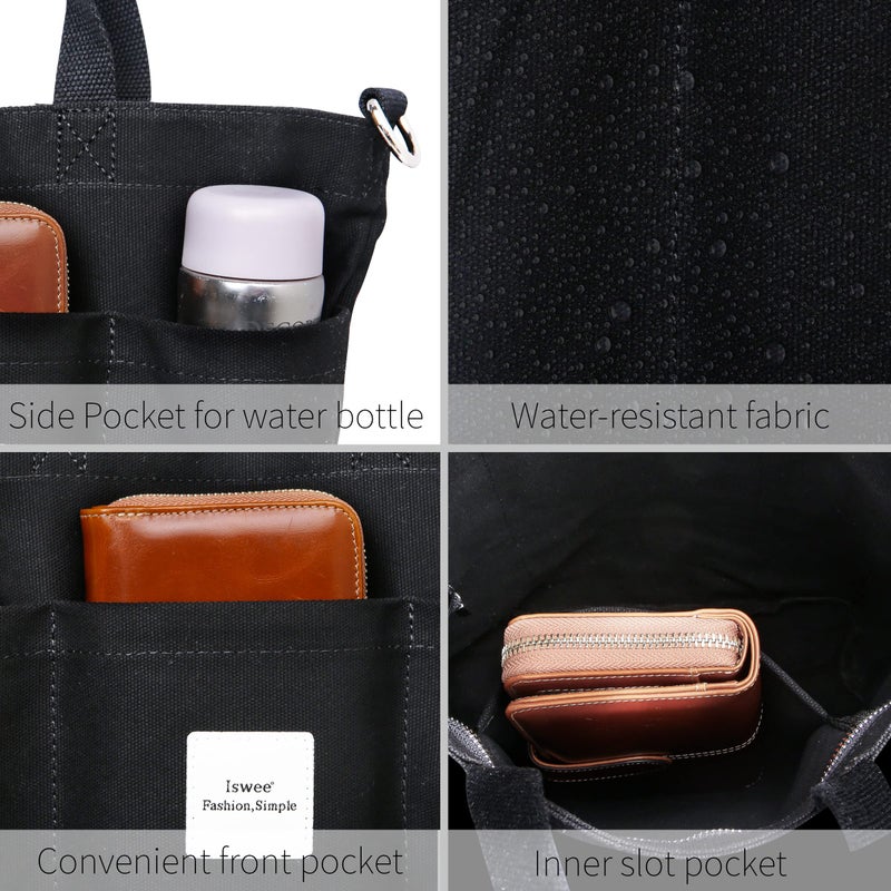Iswee Canvas Tote Bag with Zipper Multi Pockets Tote Purse for Women Fashion Crossbody Tote Shoulder Bag Handbag Everyday Bag(Black) - Image 4