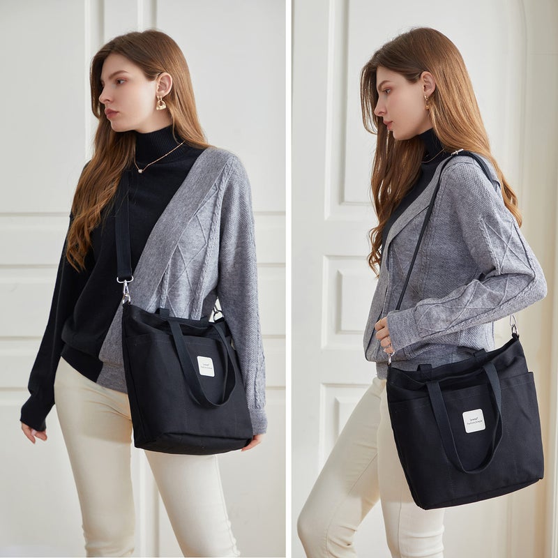 Iswee Canvas Tote Bag with Zipper Multi Pockets Tote Purse for Women Fashion Crossbody Tote Shoulder Bag Handbag Everyday Bag(Black) - Image 2