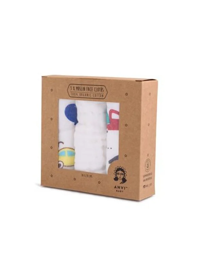 أنفي بيبي Muslin Face and Burp Cloth 100% Organic Cotton Set of 3- Automobiles