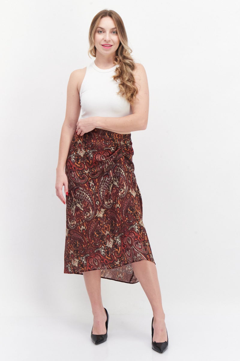 promod تنورة ميدي أساسية مطبوعة بالكامل للنساء، مزيج بني - Image 2