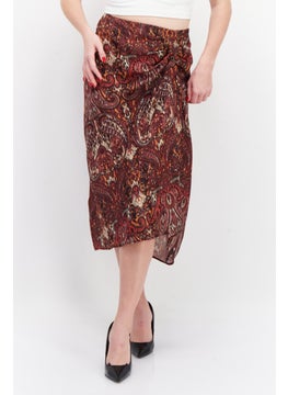 promod Women Allover Printed Basic Midi Skirt, Brown Combo  - Image 1