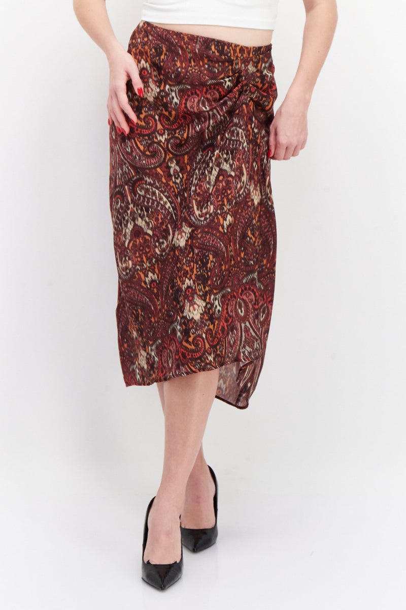 promod تنورة ميدي أساسية مطبوعة بالكامل للنساء، مزيج بني - Image 1