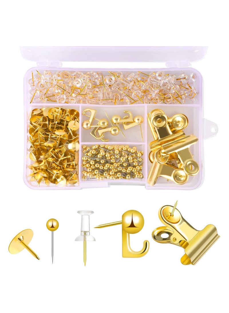 310 Pcs Decorative Push Pins Set - Gold Thumb Tacks for Cork Board, Map Head Pins with Push Pin Hook, 5 Styles Office Accessories - Image 1