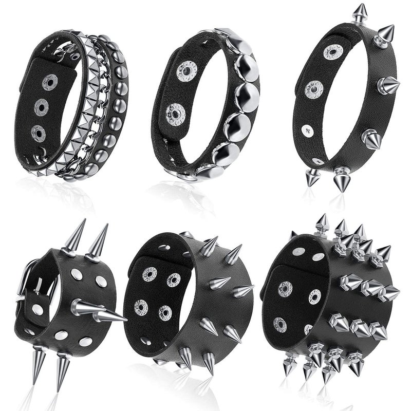 Hicarer 6 Pcs Spiked Studded Bracelets Punk Leather Rivets Bracelet Cuff for Men Women Halloween Accessories(Classic Style) - Image 1