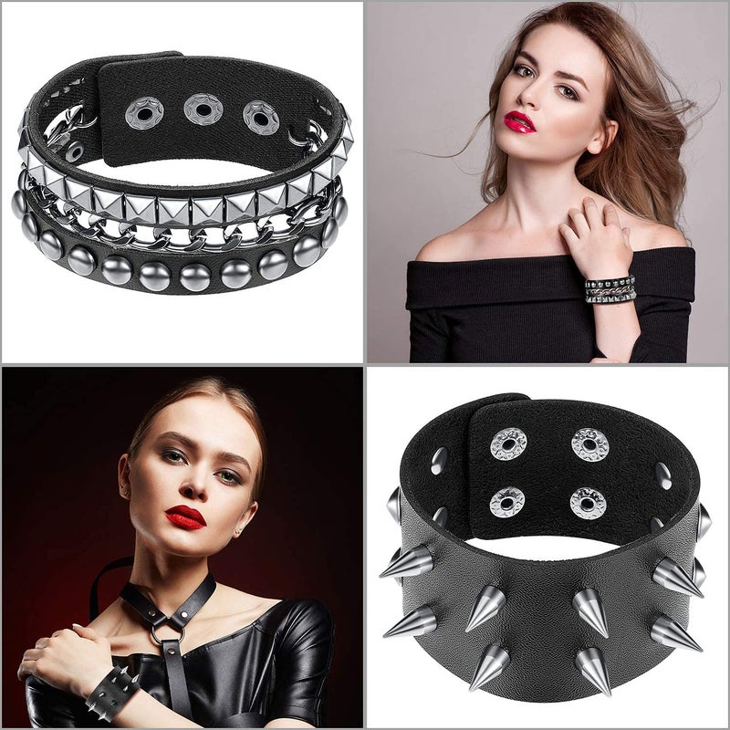 Hicarer 6 Pcs Spiked Studded Bracelets Punk Leather Rivets Bracelet Cuff for Men Women Halloween Accessories(Classic Style) - Image 5
