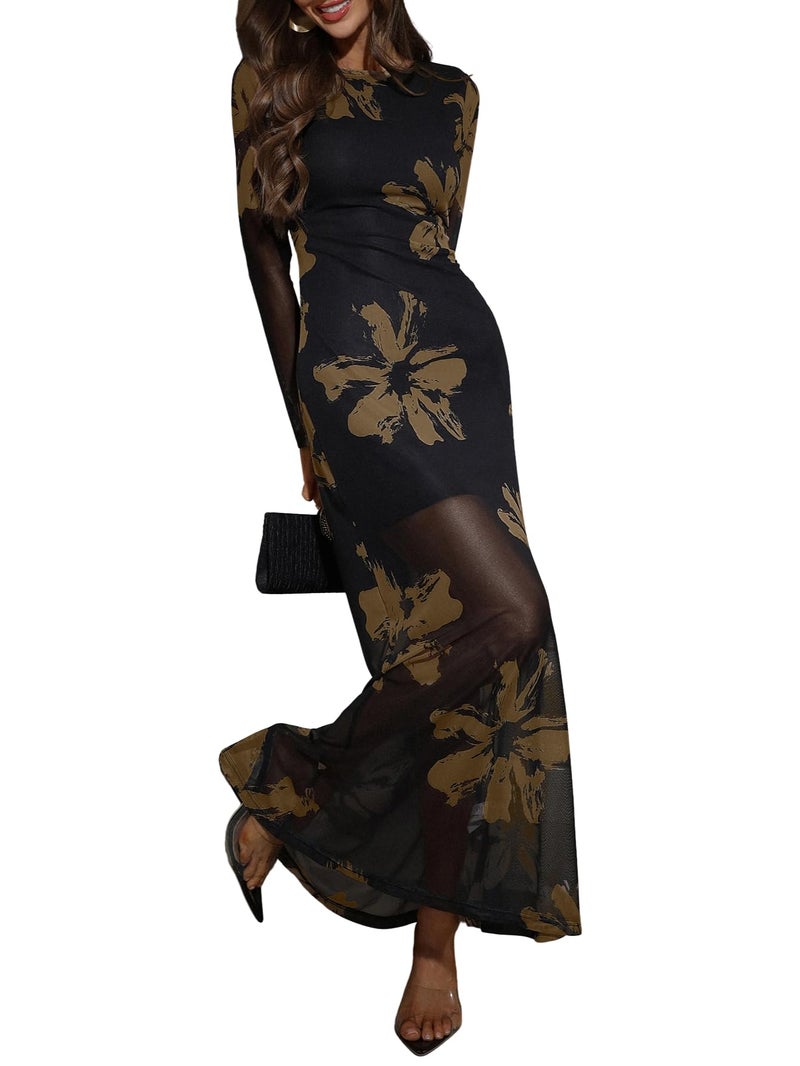 Verdusa Women's Floral Mesh Maxi Dresses Elegant Formal Long Sleeve Spring Wedding Guest Dress Cocktail Black X-Large - Image 1