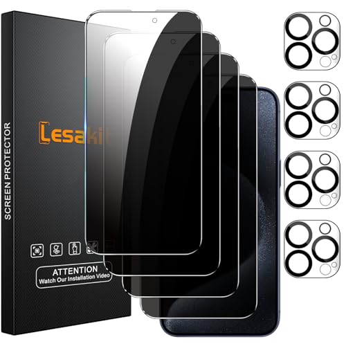 Lesakit 44 Pack Privacy Screen Protector for iPhone 15 Pro 61Inch with 4 Pack Camera Lens Protector Anti Spy Tempered Glass Film 9H Hardness Case Friendly - Image 1