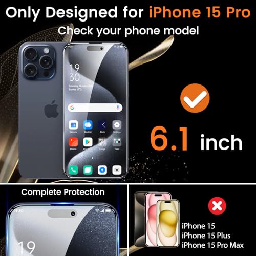 Lesakit 44 Pack Privacy Screen Protector for iPhone 15 Pro 61Inch with 4 Pack Camera Lens Protector Anti Spy Tempered Glass Film 9H Hardness Case Friendly - Image 3