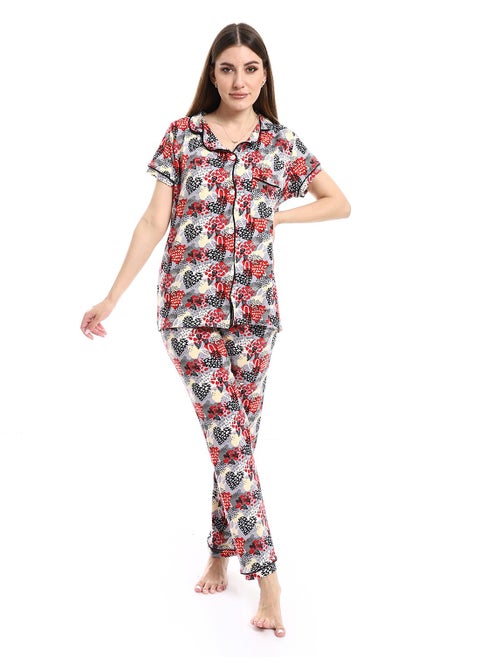 Women Pajama Set With Pants And Button Design