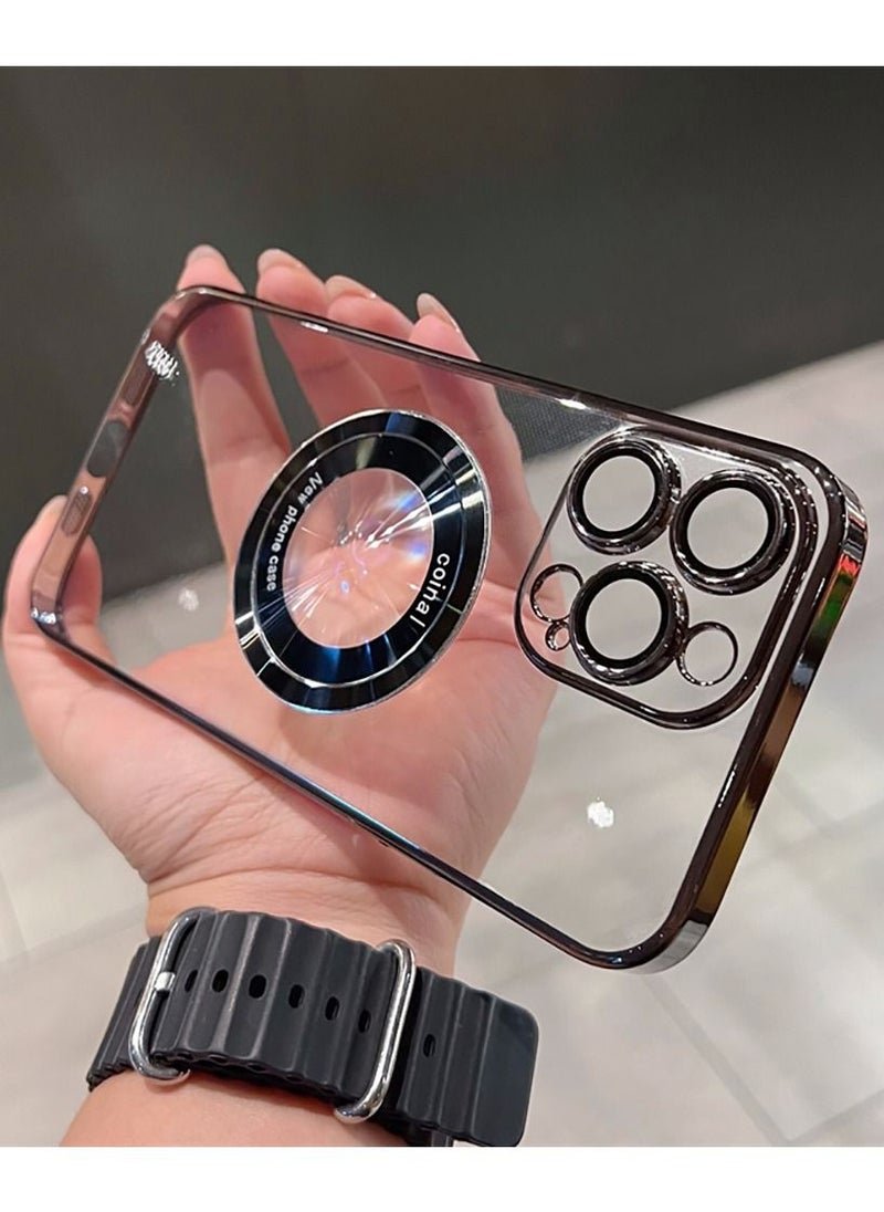 Color Fans - for iPhone 13 Pro Case Magnetic Compatible with Magsafe Glass Lens Camera Protector Logo View Hard Luxury Phone Case for Women Men Transparent Cover Black - Image 1