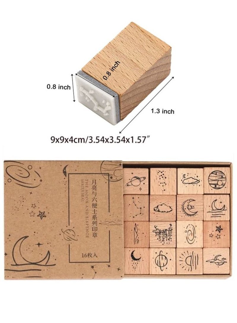 KASTWAVE 16 قطعة مجموعة طوابع زخرفية نجمة قمر سحابة من الخشب للهوايات اليدوية، صنع بطاقات، تقويم - Image 2