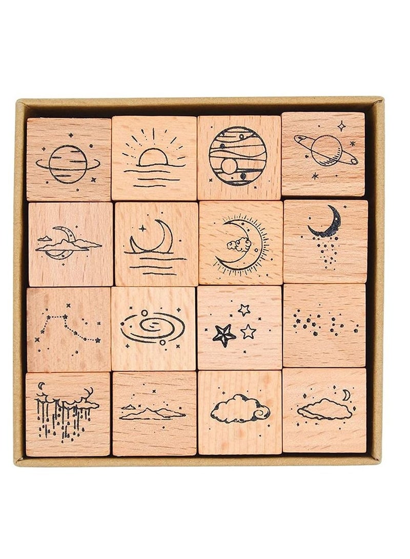 KASTWAVE 16 قطعة مجموعة طوابع زخرفية نجمة قمر سحابة من الخشب للهوايات اليدوية، صنع بطاقات، تقويم - Image 1