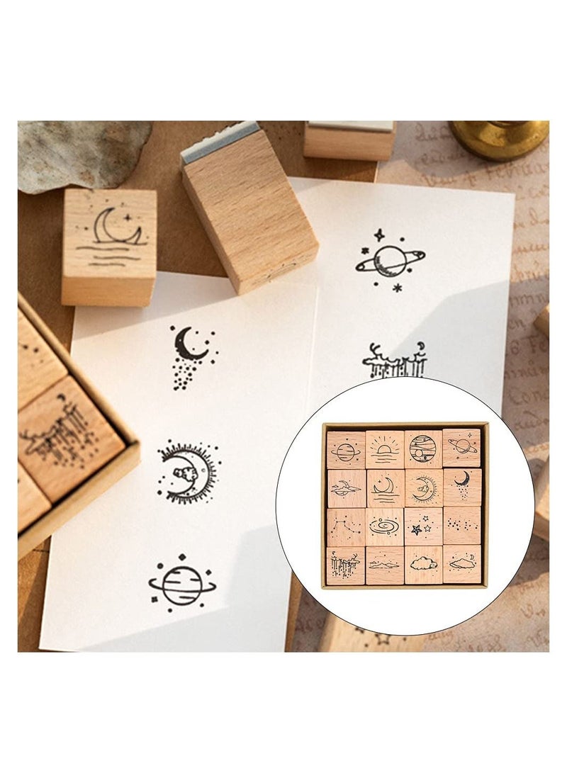 KASTWAVE 16 قطعة مجموعة طوابع زخرفية نجمة قمر سحابة من الخشب للهوايات اليدوية، صنع بطاقات، تقويم - Image 5