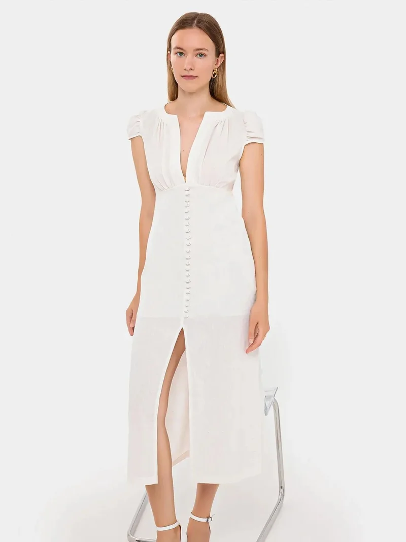 HICCUP Buttoned Midi Dress with Cap Sleeves