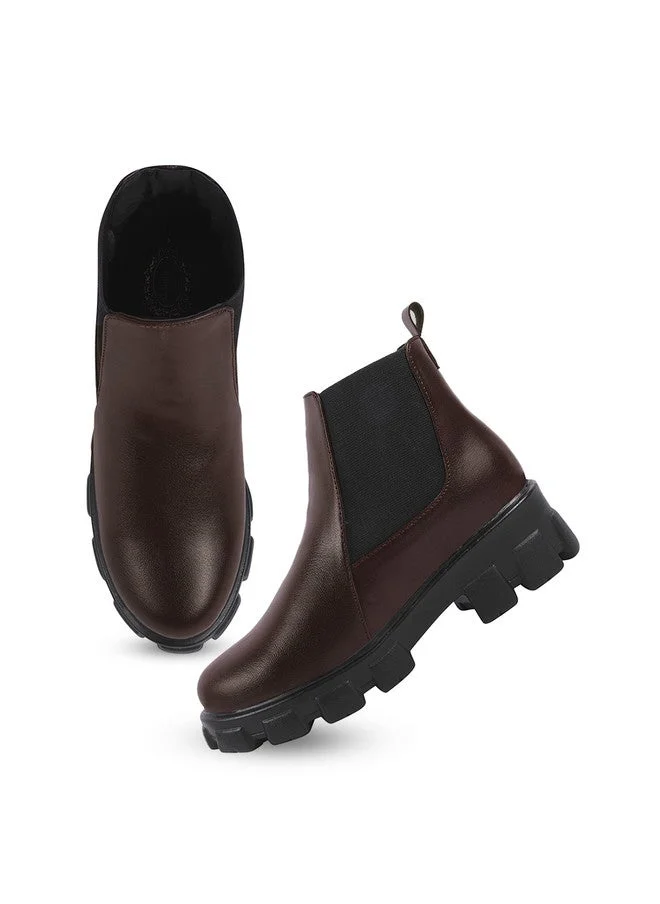 شوتوبيا Shoetopia Women's Chunky Chelsea Boots –  Ankle Booties with Lug Sole, Slip-On Elastic Side Panels, Stylish Fall/Winter Footwear
