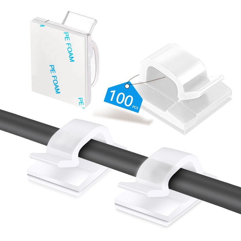 Abnii 100PCS Cable Clips Adhesive Wire Clips Organizer Cord Clips Management Cable Staples Outdoor Strong for Wall Desk Christmas Lights String Lights TV PC Ethernet Cable Clear Small