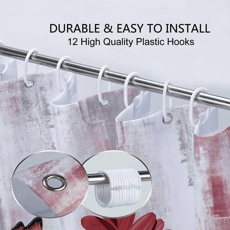 Veivian Rustic Farmhouse Startain Farm Red Daisy Floral Flowers and Butterfly on Country Wooden Shower Stain for Bathroom Light Burgundy Gray Whole Surtain مع 12pcs Hooks 70x70in - Image 4