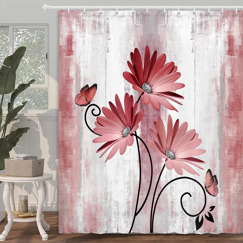 Veivian Rustic Farmhouse Startain Farm Red Daisy Floral Flowers and Butterfly on Country Wooden Shower Stain for Bathroom Light Burgundy Gray Whole Surtain مع 12pcs Hooks 70x70in - Image 1