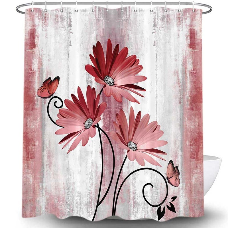 Veivian Rustic Farmhouse Startain Farm Red Daisy Floral Flowers and Butterfly on Country Wooden Shower Stain for Bathroom Light Burgundy Gray Whole Surtain مع 12pcs Hooks 70x70in - Image 2