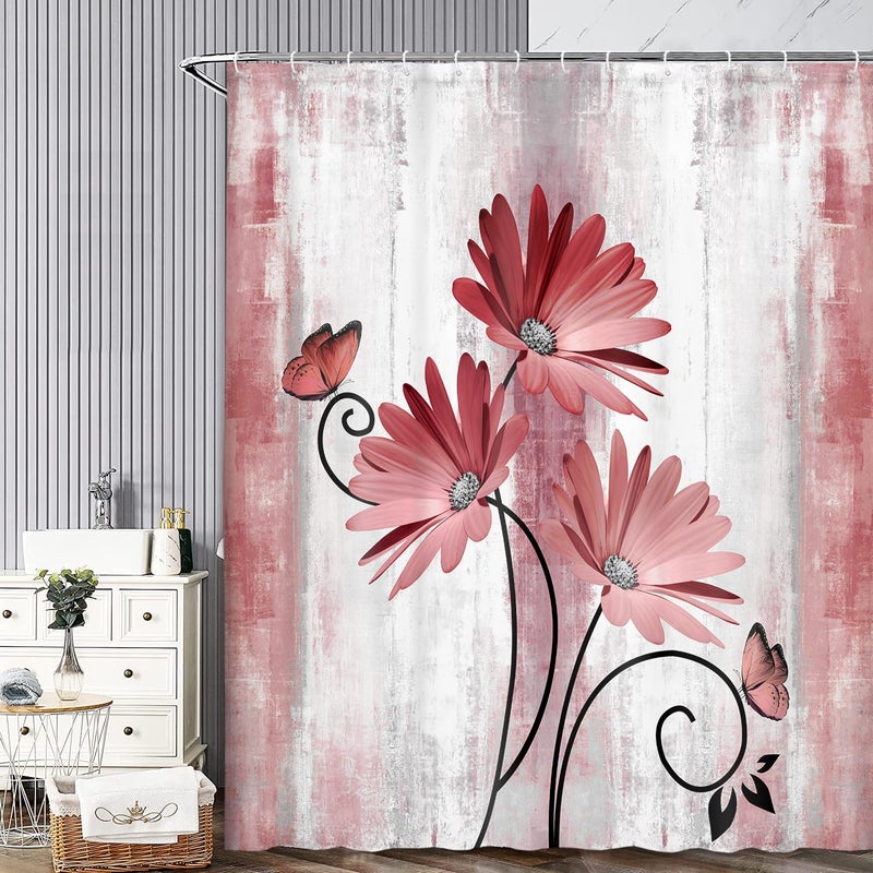 Veivian Rustic Farmhouse Startain Farm Red Daisy Floral Flowers and Butterfly on Country Wooden Shower Stain for Bathroom Light Burgundy Gray Whole Surtain مع 12pcs Hooks 70x70in - Image 3