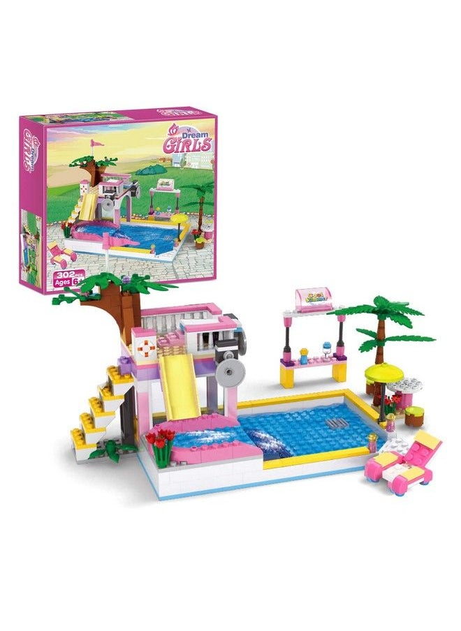 BRICK STORY Dream Girls Friends Summer Pool Party Building Toys Sets With Diving Platform Slides Juice Bar Sun Lounger Resort Swimming Pool Building Blocks Kits Gift For Kids Aged 6 12 (302 Pcs)  - Image 2
