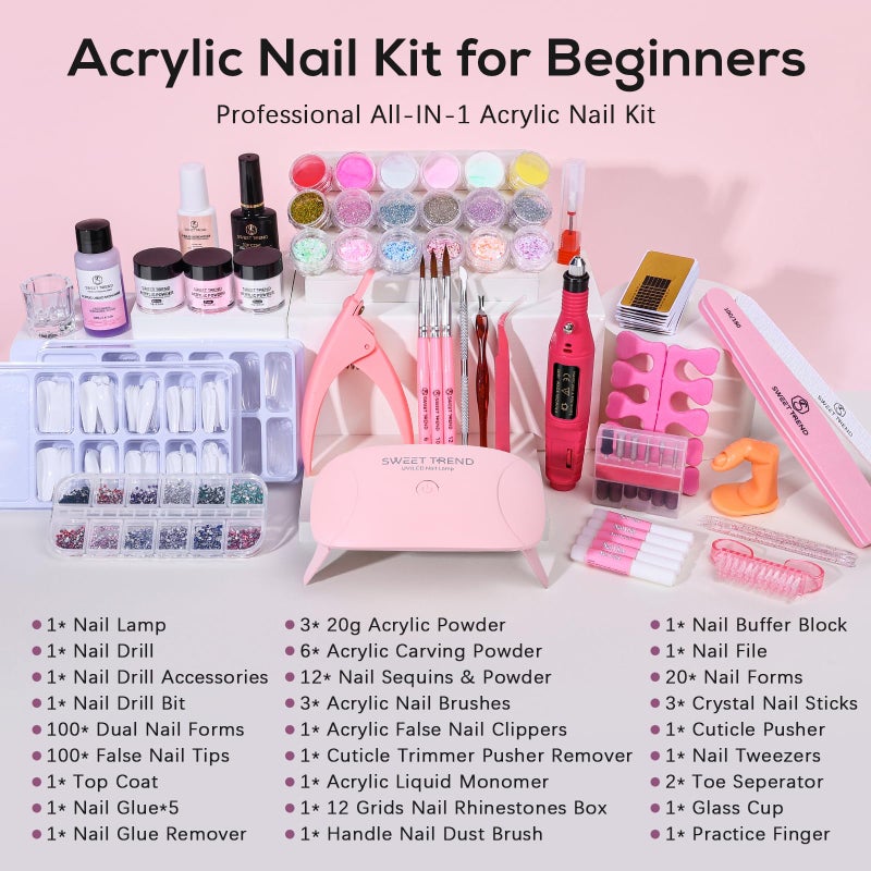SWEET TREND Acrylic Nail Kit for Beginners: Professional Acrylic Powder Set with Everything for Starter - U V Light Nail Drill and Liquid - Full Tools Decoration Tech Gifts for Home Salon Women - Image 2
