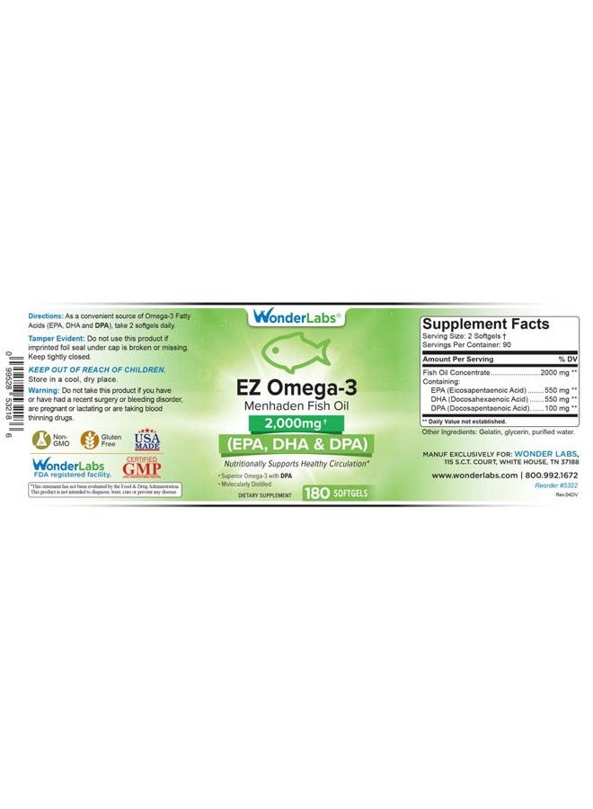 Wonder Laboratories EZ Omega-3 Atlantic Menhaden Fish Oil Supplement 2000 mg, Burpless, Made in The USA, Perfect Balance of EPA+ DHA + DPA 180 Softgels - Image 2