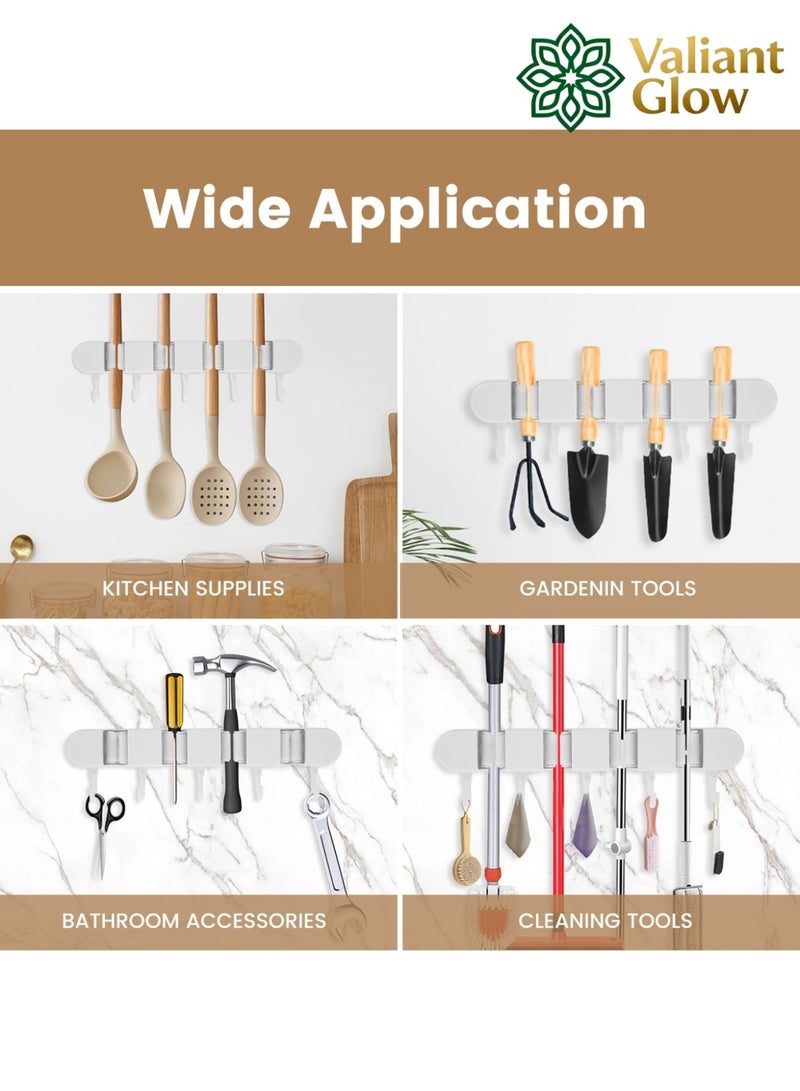 Valiant Glow Wall-mounted mop holder | No-drilling storage rack | Self-adhesive mop and broom organizer | Garden tool storage rack | With 4 slots and 5 hooks | Suitable for home laundry room, bathroom, kitchen, closet, garage, etc. | White - Image 2